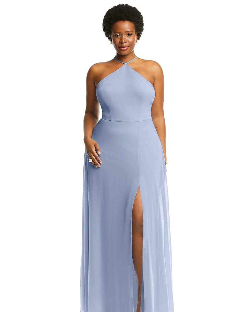 Front of a model wearing a size 18W Diamond Halter Maxi Dress with Adjustable Straps in Sky Blue by Lovely. | dia_product_style_image_id:267180